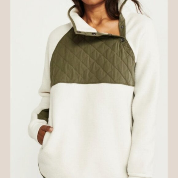 Abercrombie & Fitch Asymmetrical Snap Button Fleece Olive Green Cream Medium - Picture 3 of 6